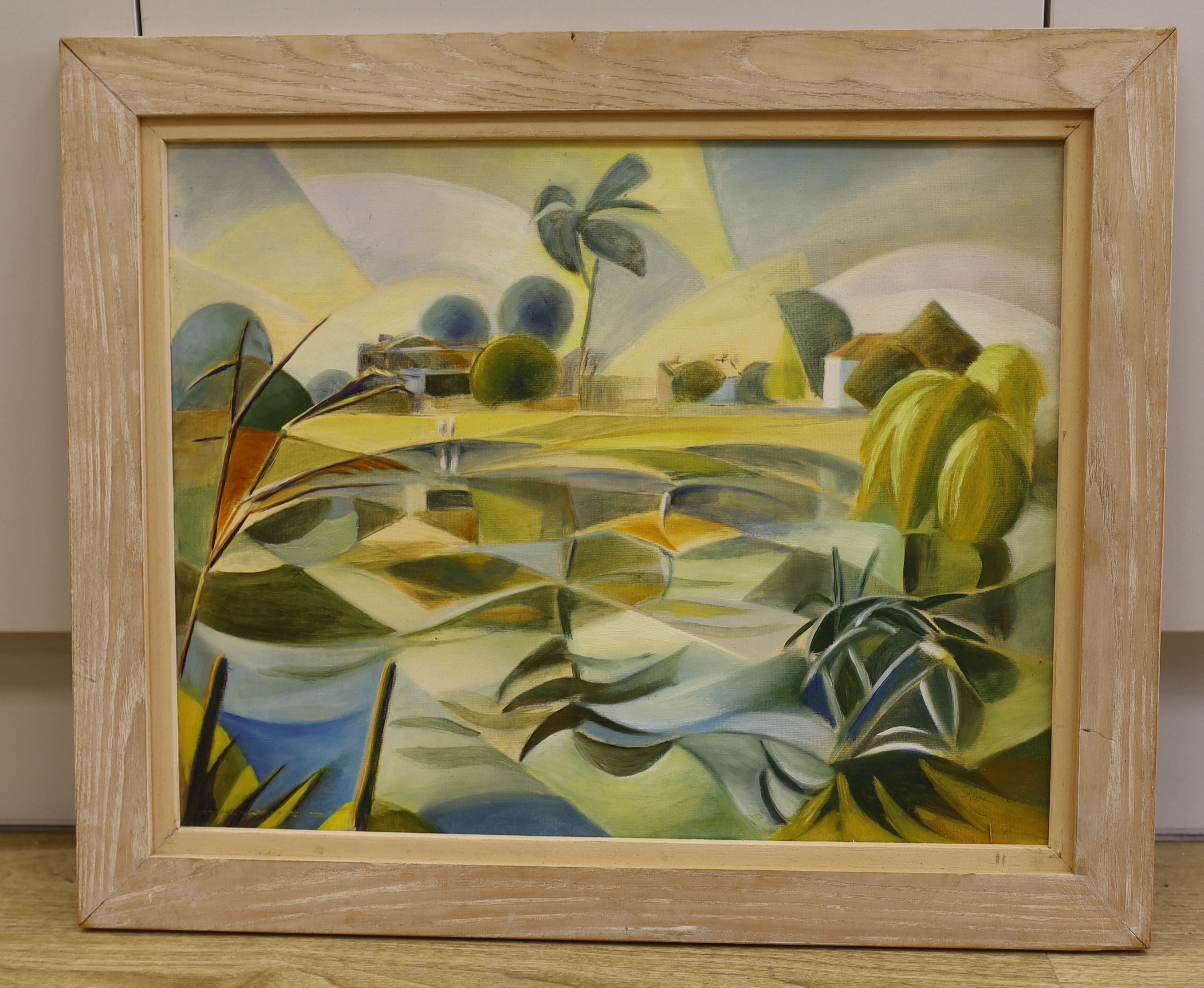 Rosy Rust (contemporary), oil on board, Surrealist landscape, signed and inscribed verso Ham Common, Pond Fantasy, 49 x 39cm